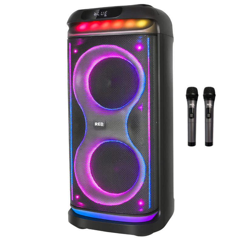 نمای جلوی اسپیکر بلوتوثی ردتون RockBox R100 با نورپردازی RGB و دو میکروفون