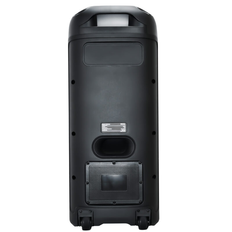 نمای پشت اسپیکر ردتون RockBox R200 با چرخ و دستگیرهٔ حمل